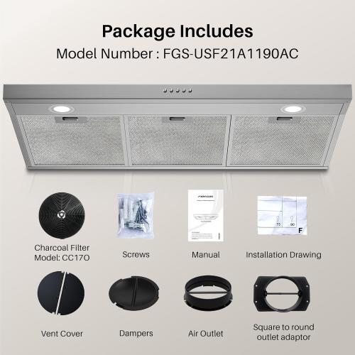 FIREGAS Size  36 Inch Under Cabinet Range Hood, Ducted/Ductless Convertible Kitchen Vent Hood with 3-Speed Exhaust Fan, 300 CFM, LED Lights, Stainless Steel Stove Hood for Kitchen
