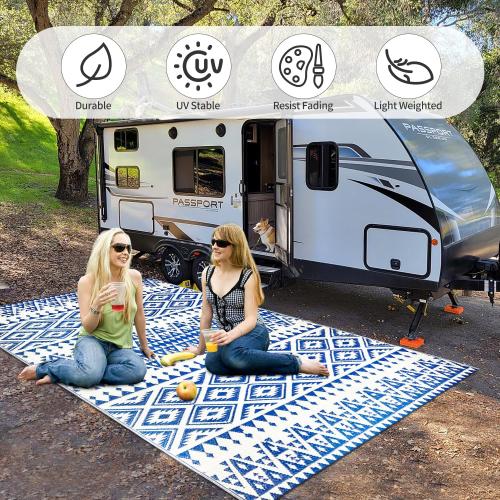 Waterproof Outdoor Rug 5x8ft, Bohemia Reversible Plastic Straw Mat for Patio RV Deck Porch Backyard Balcony Camping Picnic Beach Indoor Outdoor Carpet, Blue&White