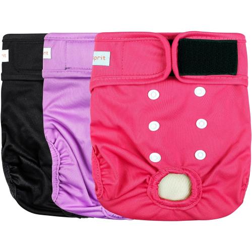 Langsprit Washable Female Dog Diapers (3 Pack) - No Leak Reusable Diapers for Doggy Female in Period - Highly Absorbent Dog Heat Panties with Adjustable Snaps (Black, Pink, Purple, XX-Large)