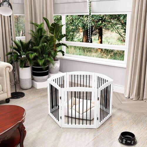 Freestanding Pet Gate for Dogs, Foldable Wooden Dog Gate for House, Extra Wide Indoor Pet Barrier for Stair, Doorway, Hall, Support Feet Included, 120 Inch Wide, 6 Panels 24, White