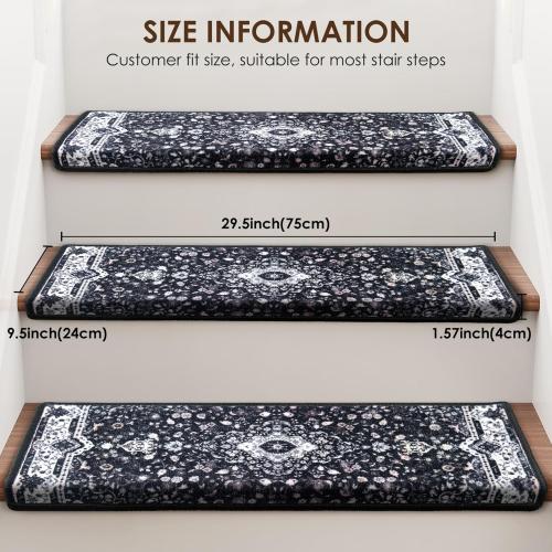 Brakki Bullnose Stair Treads for Wooden Steps, Non Slip Stair Carpet for Indoor Runner and Pets, Soft Edging Staircase Protectors Reusable, Washable, 29.5x9.5x1.5 2pcs, Black