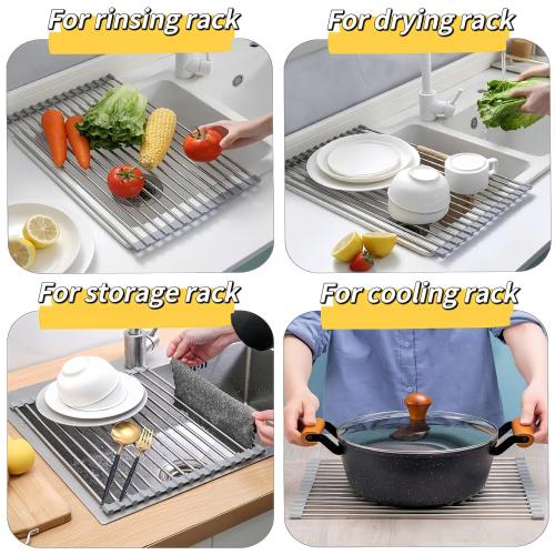 Roll Up Dish Drying Rack, 17.7 x 11.8 Over The Sink Dish Drying Rack, Dish Drying Rack for Kitchen Sink Counter Storage (Grey)