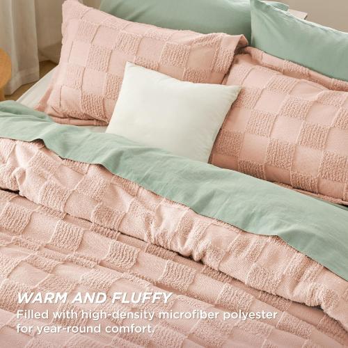 Bedsure Dusty Rose King Size Comforter  Boho Tufted Bed Set, Checkered Farmhouse-Style