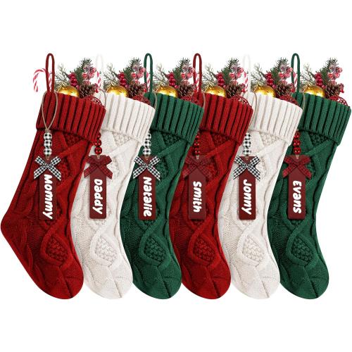 6Pack Personalized Christmas Stockings with Wooden Name Tags, 18 inches Xmas Cable Knitted Stocking for Holiday, Hanging Decoration Gifts for Family Party(White&Red&Green)