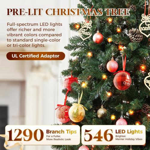 HOLLO STAR 9 ft Prelit Christmas Tree with 546 LED Lights, App Control, Artificial Pencil Christmas Tree with Multi-Color RGBW Lights, 1290 Branch Tips, Skinny Xmas Tree, Metal Base, for Home, Party