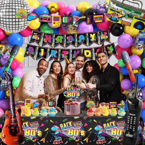 80s Party Decorations 90s Theme Birthday Party Decorations 80s Party Supplies with Back To The 80's Backdrop Tablecloth HAPPY BIRTHDAY Bannner Radio Boombox and Mobile Phone Balloon Arch Kit