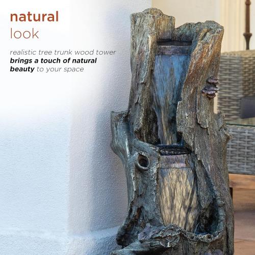 Alpine Corporation WIN258 Outdoor Rainforest Waterfall Tree Trunk Floor Fountain with LED Lights, Tiered Garden Decor, 41 H, Brown