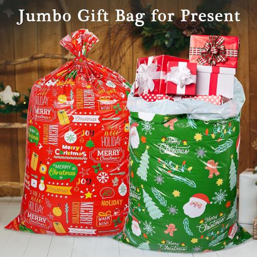 2 Pack Jumbo Christmas Gift Bag with Tag & Tie, 56 X 36 Oversized Christmas Plastic Wrapping Bags, Giant gift Bags for Huge Present Decoration, Holiday Bags for Large Gifts, Toys, Goodie Supplies