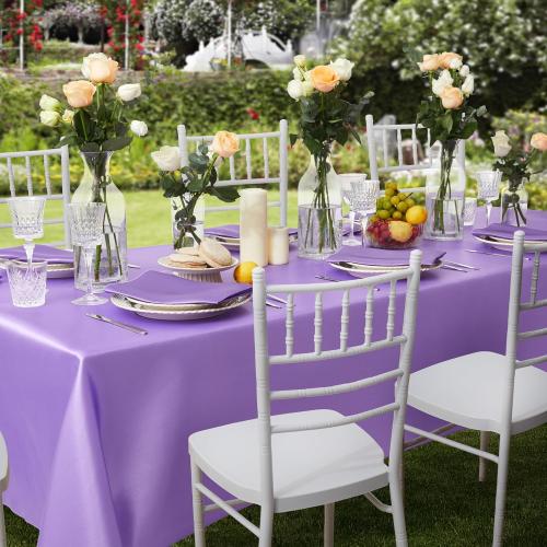 1 Pack Satin Table Cover Rectangle Silkly Soft Table Cloth, Satin Dining Table Cloths for Wedding Banquet Table Decoration, Dining Room, Indoor and Outdoor Use, 60 x 84 Inches, Light Purple