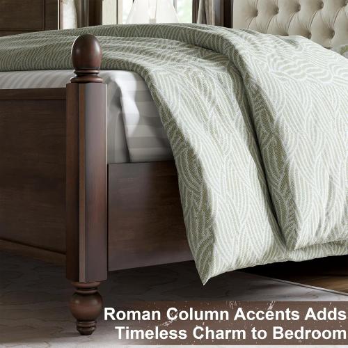 AMERLIFE Size Queen Color brown  Solid Wood Bed Frame Queen Size, Transitional Platform Bed with 52.5 Upholstered Tufted Headboard, Rubberwood/Roman Column Accents/Wood Slat Support/No Box Spring Needed