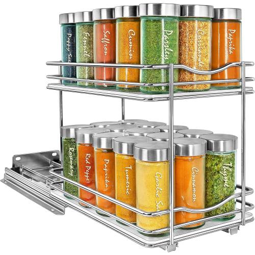 LYNK PROFESSIONAL® Pull Out Spice Rack Organizer for Inside Kitchen Cabinets - 6-3/8 inch Wide - Slide Out Drawer – Chrome Sliding Spice Organization for cabinet - Spice Racks - 2 Tier