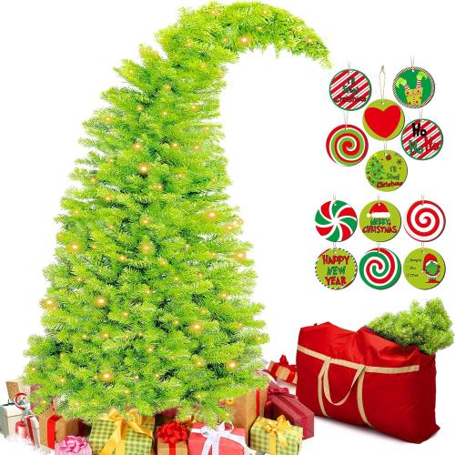 Bendable Christmas Tree Whimsical Christmas Pre-Lit Lime Green Stole Bent Top Artificial Xmas Tree Decorations with LED Lights Ornament Bag(7.5ft)