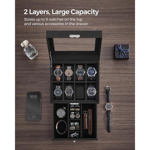 SONGMICS Watch Box, 8-Slot Watch Case Organizer with Large Glass Lid, 2 Layers, Removable Pillows, Metal Lock, Gift for Loved Ones, Black Synthetic Leather, Christmas Gift, Black Lining UJWB080B01