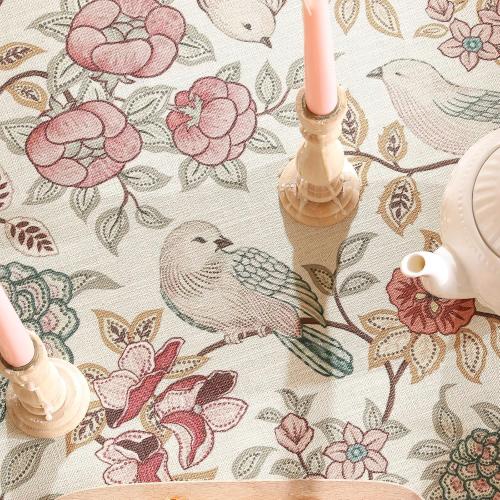 Size  67 Color Pink patdrea Designer Pink Linen Table Cloth for Rectangle Table,Vintage Floral with Birds Pattern Decorative Tablcloth,French Table Cover for Kitchen Dining,Thanksgiving,Christmas,