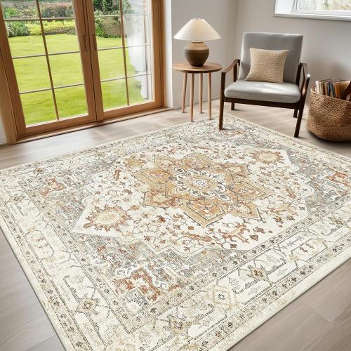 Washable Rugs 8x10 Area Rugs for Living Room,Rugs for Bedroom,Large Carpets,Ultra Soft Faux Wool Retro Dining Room Rug,Non Slip&Non-Shedding Low Pile Vintage Print Rug for Home Office,Turmeric