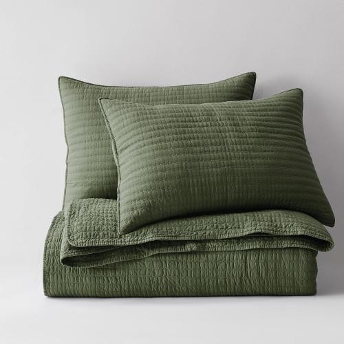 WDCOZY 100% Cotton King Size Quilt Set - Olive Green Striped Pick Stitch Soft Lightweight Bedspread, Textured Like Linen, Farmhouse Country Rustic Coverlet, Shabby Chic Gauze Bedding, 3 Pieces