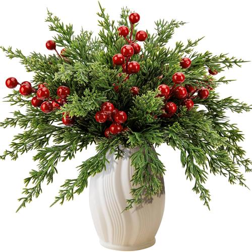 Watayo 45 Pcs Christmas Artificial Pine Branches with Red Berry Stems, 10.5 Faux Evergreen Norfolk Pine Cypress Leaves Stems, Fake Foliage Pine Needles Picks for DIY Craft Garland Home Decor