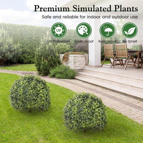 Lewondr Artificial Boxwood Topiary Ball Trees, 22.83'' Fake Plants Outdoor with Ground Spike, Set of 2 UV and Fade Resistant Faux Greenery Shrubs for Outdoor Indoor Front Porch Garden, Green