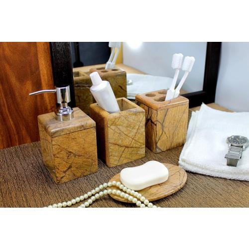 Set of 4 Color Brown Bathroom Accessory Set Made from Natural Stone - Bath Accessories Set of 4 Includes Soap Dispenser, Toothbrush Holder, Tumbler and Soap Dish (Brown)