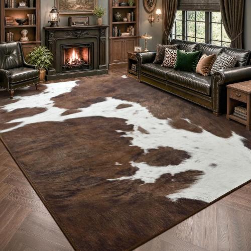 Foxmas Cow Print Rugs for Living Room Bedroom, 8x10 Washable Non-Slip Low Pile Indoor Floor Rug, Carpet for Dining Room Kitchen Office Western Home Decor, Brown
