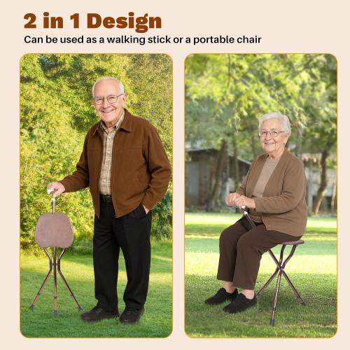 Color Brown UNLICON-Brown Folding Cane Stool with Seat – Lightweight Adjustable Walking Cane for Seniors, Ergonomic Design, 330 lbs Capacity, Portable and Convenient Cane Chair with Anti-Slip Feet