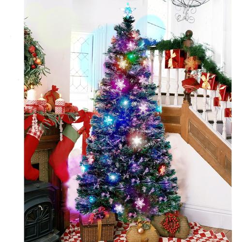 Juegoal 6 ft Pre-Lit Optical Fiber Christmas Artificial Tree, RGB Color Changing LED Lights, Snowflakes & Top Star, Fake Xmas Tree with Metal Legs