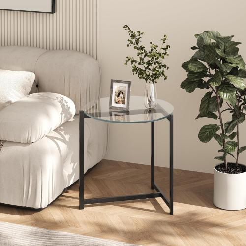 16 Inch Round Glass Coffee Table, Tempered Clear Glass Top with Sturdy Black Metal Frame, Easy Assembly Modern Side Table/End Table for Living Room, Bedroom, Office