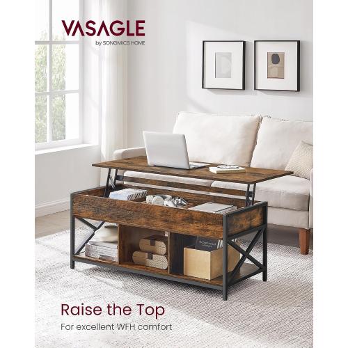 VASAGLE Lift Top Coffee Table, Lift Coffee Table with Storage Shelf, Hidden Compartments and Lifting Top, for Living Room, Office, 19.7 x 47.2 x (19.3-24.4) Inches, Rustic Brown and Black ULCT212B01