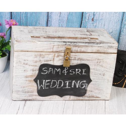 Wooden Decorative Wedding Card Box with Chalkboard & Card Slit including Lock 13X9X7.2- Gift Wishing Well Card Box for Weddings Party Cards Receptions Birthdays Graduations Honeymoon Baby Showers