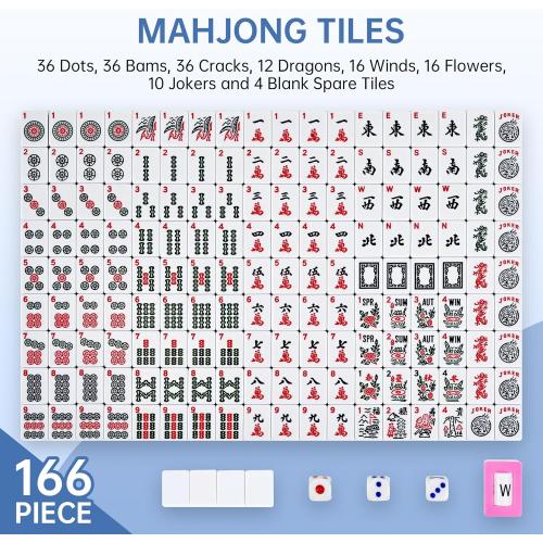 American Mahjong Tile Set Include 166 Tiles 4 All-in-One Mahjong Racks/Pushers with Blue Carrying Bag Complete Mahjong Game Set