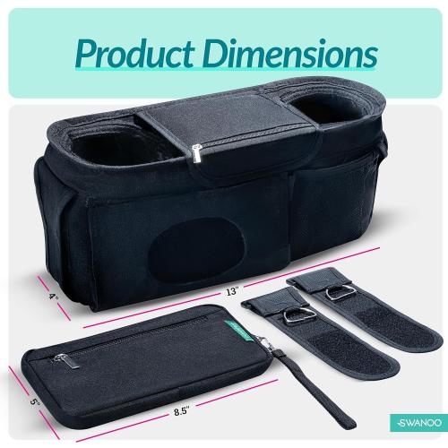Swanoo Stroller Caddy Organizer With Cup Holder, Non Slip Straps Bag for Phone, Pet Stroller Accessories, Universal Fits Uppababby Vista v2 Wonderfold Wagon, Doona and More