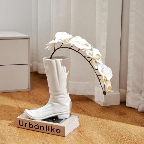Denique White Boots Flower Vases, Creative Cowboy Boot Vase, Ceramic Flower Arrangements, Unique Boot Vases Boot Planter Modern Aesthetic Room Wedding Decor