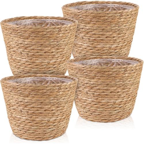 4 Pcs Large Premium Seagrass Planter Basket with Plastic Lining Natural Stylish Planter Baskets Indoor Outdoor Plants Woven Wicker Baskets for Plants Flower Pots Cover and Room Decor(10.2x7.5x7.5)