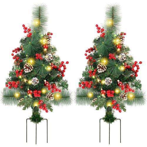 Lulu Home 2 Pack 2 Ft Pre-Lit Pathway Christmas Trees with Stake, Battery Operated 60 LED Lighted Small Christmas Trees Yard Stake Outdoor Decoration with Red Berries, Red Balls, Pine Cones