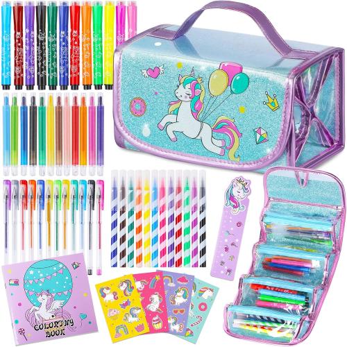 Washable Markers Set with Glitter Unicorn Pencil Case, Art Supplies for Kids Ages 4 5 6 7 8 Years Old, Arts Crafts Coloring Set with Crayon Pencil Gel Pen, Unicorn Toy Birthday Gift for Girls 4-6-8-10