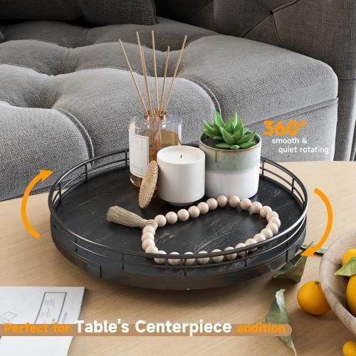 10 Oak Bathroom Vanity Tray Turntable for Perfume Candle, Round Wooden Decorative Tray for Kitchen Sink Countertop Organizer, Bathroom Counter Organizer for Skincare Makeup, Farmhouse Black Gold