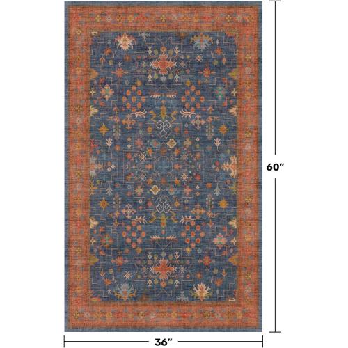 Large 3x5 Kitchen Rug Non Slip Machine Washable, Throw Rugs for Entryway Indoor, Floor Mat, Home Office Under Chair - Stain Resistant Non Skid Rubber Backing, Tribal Farmhouse Décor (3x5 Navy Blue)