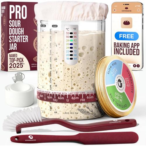 Superbaking Sourdough Starter Jar, Beginner Sourdough Starter Kit, 34oz Wide Mouth Sour Dough Glass Jar with Guides & Recipes, Sourdough Bread Baking Supplies, Sourdough Container Crock