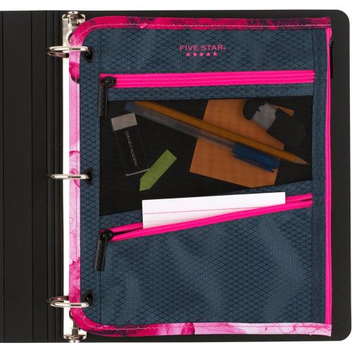 Five Star Pencil Pouch, Pen Case, 3-Pocket Zipper Pouch, Fits 3-Ring Binder, Storage Organizer for Classroom Supplies Earbuds Chargers Cables Makeup, Navy/Pink (506420B-ECM)