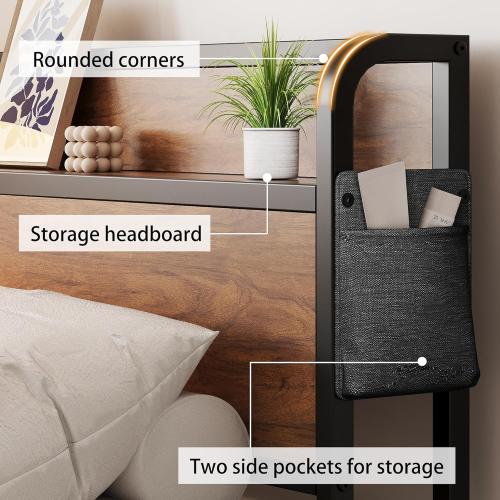 Maenizi 16 Inch Twin XL Bed Frames with Wood Headboard, Storage Bed Frame Twin XL No Box Spring Needed, Noise Free, Mahogany