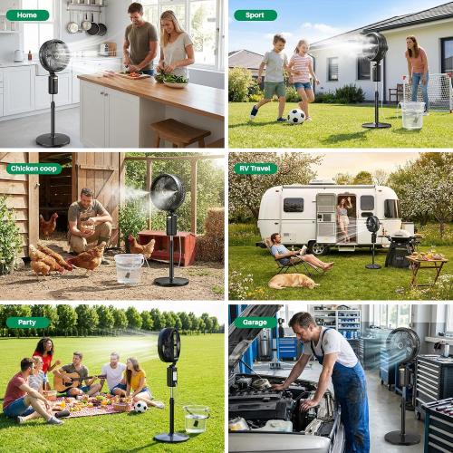 Ausic Outdoor Misting Fan for Patio, 30000mAh Rechargeable Oscillating Fan | Battery Powered Cordless Pedestal Fan, 12 Standing Fan with Remote/ Mister for Camping/Backyard