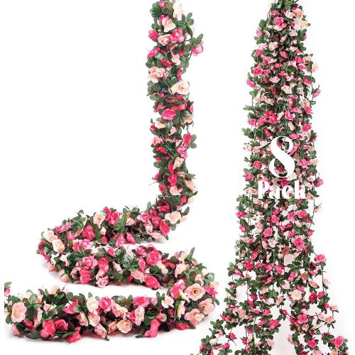 Miracliy 8Pcs 66FT Pink Flower Garland, Artificial Rose Floral Vines Fake Hanging Spring Flower Garland for Wall Backdrop Wedding Arch Tea Party Door Mantle Decoration