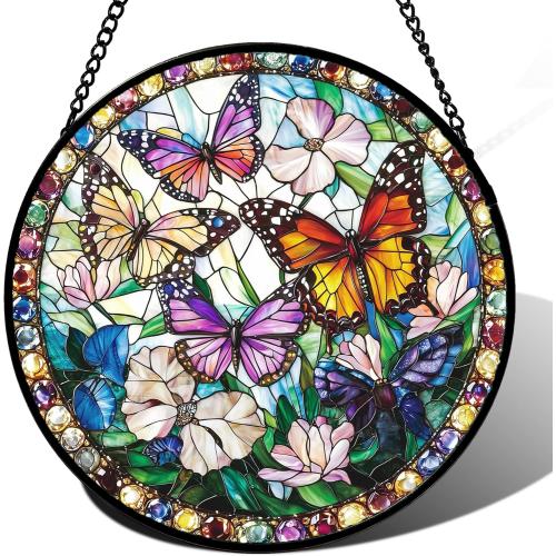 DASTOLL Stained Glass Window Hanging, Colorful Butterfly Suncatcher for Doors Home Sun Catchers Decoration and Christmas, Mother's Day Birthday Gifts for Women, Men, and Mom 14.9x14.9 in