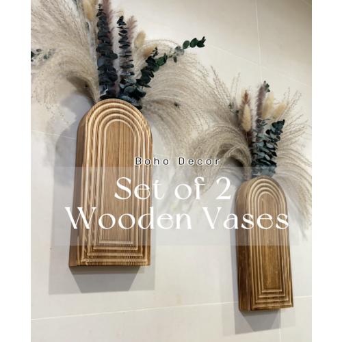 2 Pack Wooden Wall Vase Set with Pampas Grass Eucalyptus, Modern Farmhouse Boho Wall Decor for Living Room, Entryway, Hallway, Bathroom, Dining Room, Brown Wall Art for Home Decoration