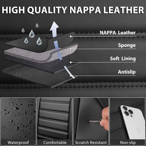 CAR PASS Nappa Leather Car Seat Covers Full Set, Luxury Seat Protector for Cars, Waterproof Anti-Slip Car Seat Cushion Armrest Compatible Airbag Universal for Sedan SUV Pick-up Truck Automotive, Black