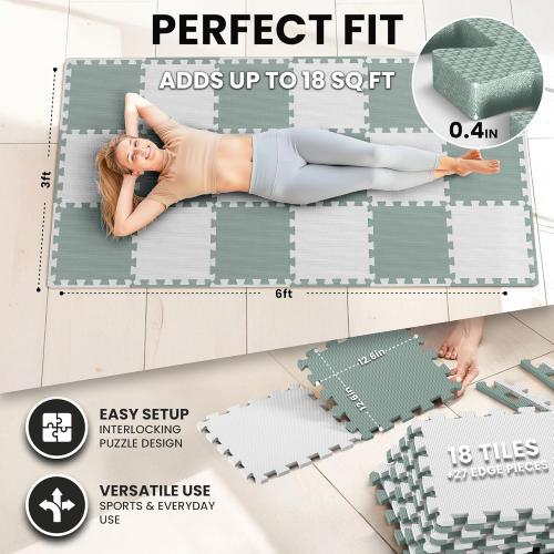 bemaxx Gym Mats Set - EVA Interlocking Foam Floor Tiles (12.6x12.6x0.4) Protective Gym Flooring Sports Home Workout Exercise Mats Puzzle Garage Fitness Play-Room Pool Treadmill Bike, 18 pcs, 18sqft