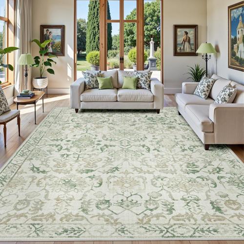 Green Area Rugs 8x10 Rugs for Living Room, Traditional Washable Rugs for Bedroom Distressed Large Area Rug Living Room Rug Non Slip Rug Carpet for Dining Nursery