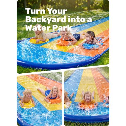 Sloosh Triple Water Slide with 3 BodyBoards, 18FT Lawn Slip Water Splash Slide Summer Toy Splash Pad with Build in Advanced Sprinkler for Kids Adults Backyard Summer Water Fun