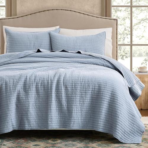 WDCOZY 100% Cotton Queen Size Quilt Set - Light Blue Striped Pick Stitch Soft Lightweight Bedspread, Textured Like Linen, Farmhouse Country Rustic Coverlet, Shabby Chic Gauze Bedding, 3 Pieces