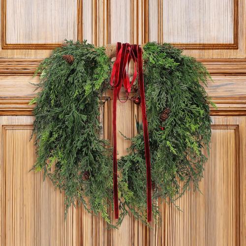 Dingion Small Norfolk Pine Christmas Wreath 11.8 in Christmas Kitchen Cabinet Norfolk Pine Wreath Mini for Front Door Artificial Farmhouse Rustic Xmas Decor for Window Fireplace